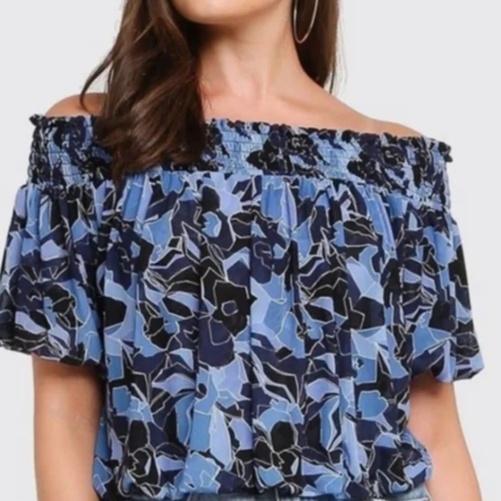Free People blue floral bubble style off the shoulder top